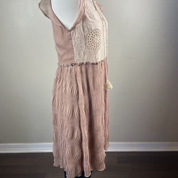 Mystree Size Small Taupe Ruffle Embroidered Dress Midi Boho Fairy - Picture 4 of 12
